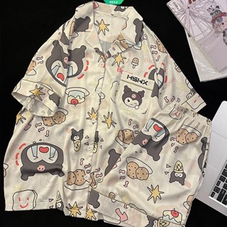 ชุดนอนเสื้อแขนสั้น กางเกงขาสั้น ลายการ์ตูน Sanrio Kuromi น่ารัก แฟชั่นฤดูร้อน สไตล์ญี่ปุ่น สําหรับผู้หญิง 2023