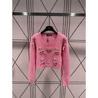 FBHP MIU MIU 2023 embroidered square label letter Cherry beaded decorative short knitted long sleeve top