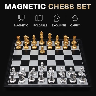 Foldable Travelling Magnetic Silver &amp; Gold Chess &amp; Checkers Set Board Game