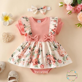 Babyclothes- ชุดจั๊มสูทรอมเปอร์ แขนสั้น ผ้าถัก พิมพ์ลายดอกไม้ พร้อมที่คาดผม สําหรับเด็กทารกผู้หญิง