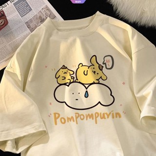 เสื้อยืดคอกลม แขนสั้น ผ้าฝ้าย พิมพ์ลายการ์ตูนอนิเมะ Sanrio Pom Pom Purin น่ารัก ทรงหลวม โอเวอร์ไซซ์ แฟชั่นฤดูร้อน สําหรับผู้หญิง [RAIN]