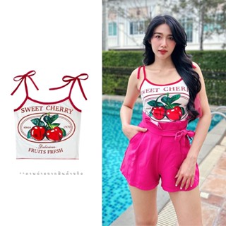 Big Store🎁เสื้อสายเดี่ยวผูกกุ้นขอบแดง สกรีนลายเชอร์รี่ SWEET CHERRY