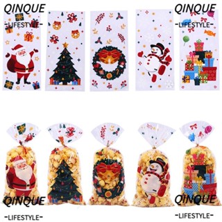 Qinjue ถุงพลาสติกใส่ขนมคุกกี้ บิสกิต มีกาวในตัว ลายคริสต์มาส 50 ชิ้น