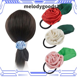 Melodygoods1 ยางรัดผม รูปดอกกุหลาบ ใบไม้ สีเขียว ยืดหยุ่น โรแมนติก เครื่องประดับ สําหรับผู้หญิง