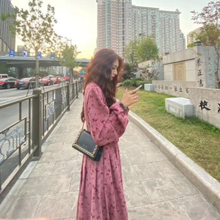 ชุดเดรสแขนยาว ผ้าลูกฟูก เอวสูง ลายดอกไม้ สีหวาน สไตล์แฟรี่ สําหรับผู้หญิง