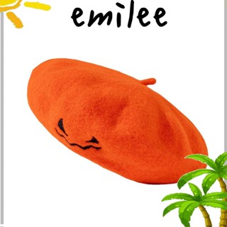 Emilee หมวกเบเร่ต์ ผ้าขนสัตว์ ปักลายฟักทอง ให้ความอบอุ่น สีพื้น สไตล์ฝรั่งเศส สําหรับปาร์ตี้ฮาโลวีน