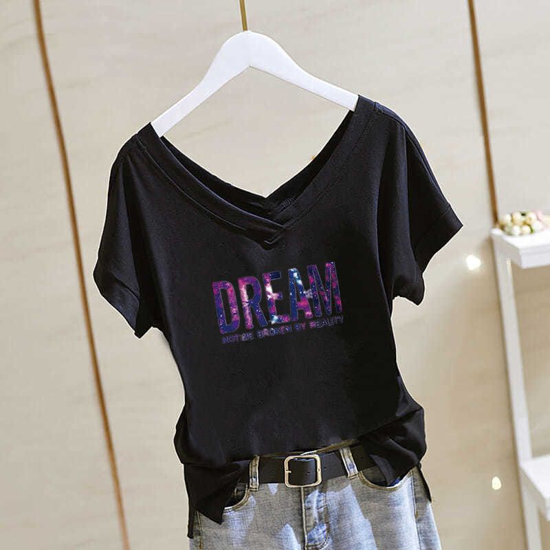 เสื้อยืดแขนสั้น คอวี ทรงหลวม ประดับเพชร เข้ากับทุกการแต่งกาย แฟชั่นฤดูร้อน สไตล์เกาหลี สําหรับผู้หญิง