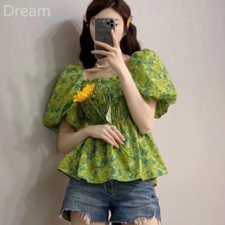 French super fairy bubble sleeve top square collar floral shirt trendy one-line shoulder top