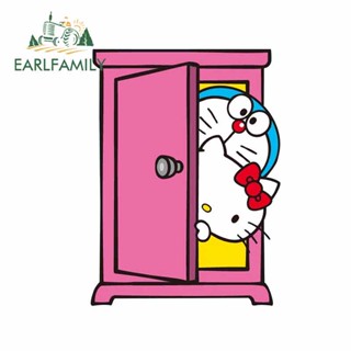 Earlfamily สติกเกอร์ไวนิล ลายการ์ตูนกราฟิก Doraemon and Hello Kitty JDM ขนาด 13 ซม. x 11.2 ซม. สําหรับตกแต่งหน้าต่างรถยนต์ รถจักรยานยนต์