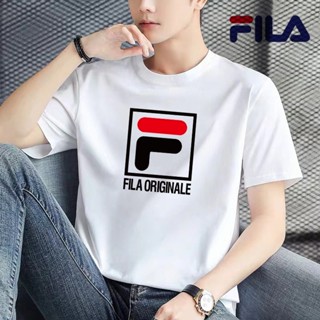 Fila เสื้อยืดคอกลม แขนห้าส่วน ผ้าฝ้าย 100% พิมพ์ลายโลโก้ ทรงหลวม สไตล์คลาสสิก สําหรับผู้ชาย และผู้หญิง