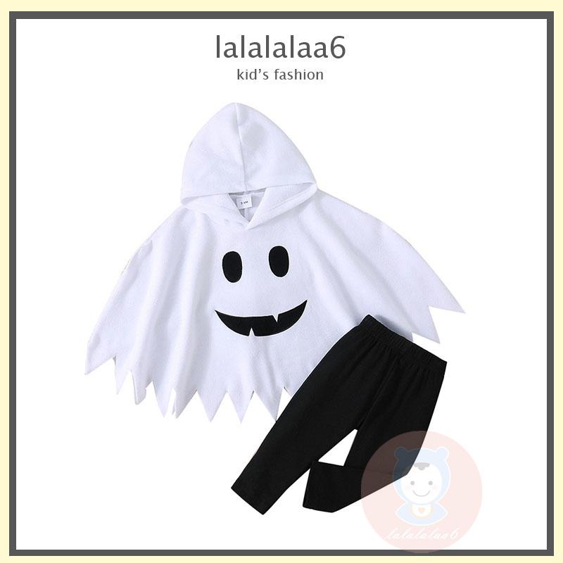 Laa6-เด็กวัยหัดเดินเด็กฮาโลวีน Ghost Smiling Face พิมพ์เสื้อคลุม Hoodies และกางเกงขายาวชุด