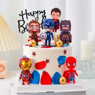 โมเดลตุ๊กตาฟิกเกอร์ Avengers League Superhero Themed Iron Man Spider Man เหมาะกับของขวัญ สําหรับตกแต่งเค้กวันเกิดเด็ก จํานวน 6 ชิ้น ต่อชุด