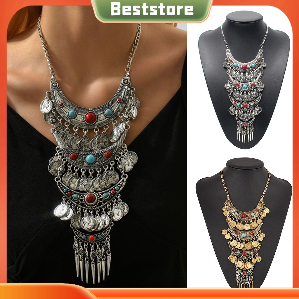 <BSTO>สร้อยคองบยุ้ยรอบS Tasselsสี Turquoise Layered Hypoallergenic Vintageชาติพันธุ์ผู้หญิงสร้อยคอแฟ