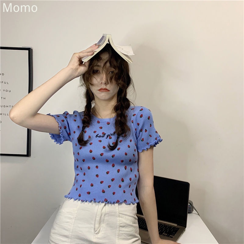 momo~เสื้อยืดวินเทจเกาหลี เสื้อยืดแขนสั้นพิมพ์ลายสตรอเบอร์รี่ ถักด้านบนแสดงผอม MQ081