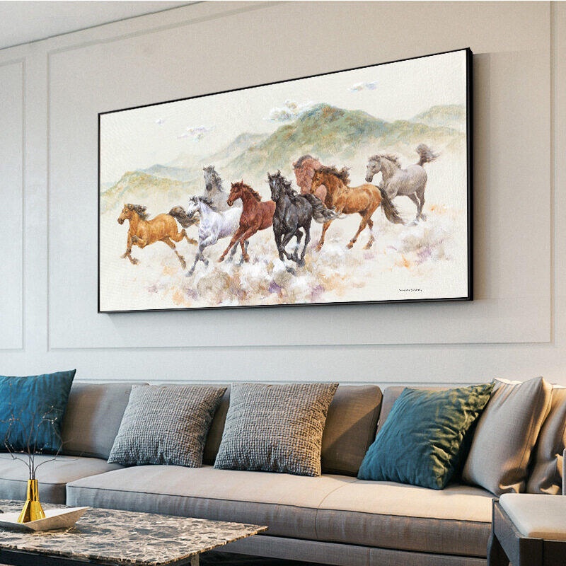 ภาพวาดผ้าใบ รูปม้าวิ่ง 8 ตัว สไตล์โมเดิร์น สําหรับตกแต่งผนังบ้าน