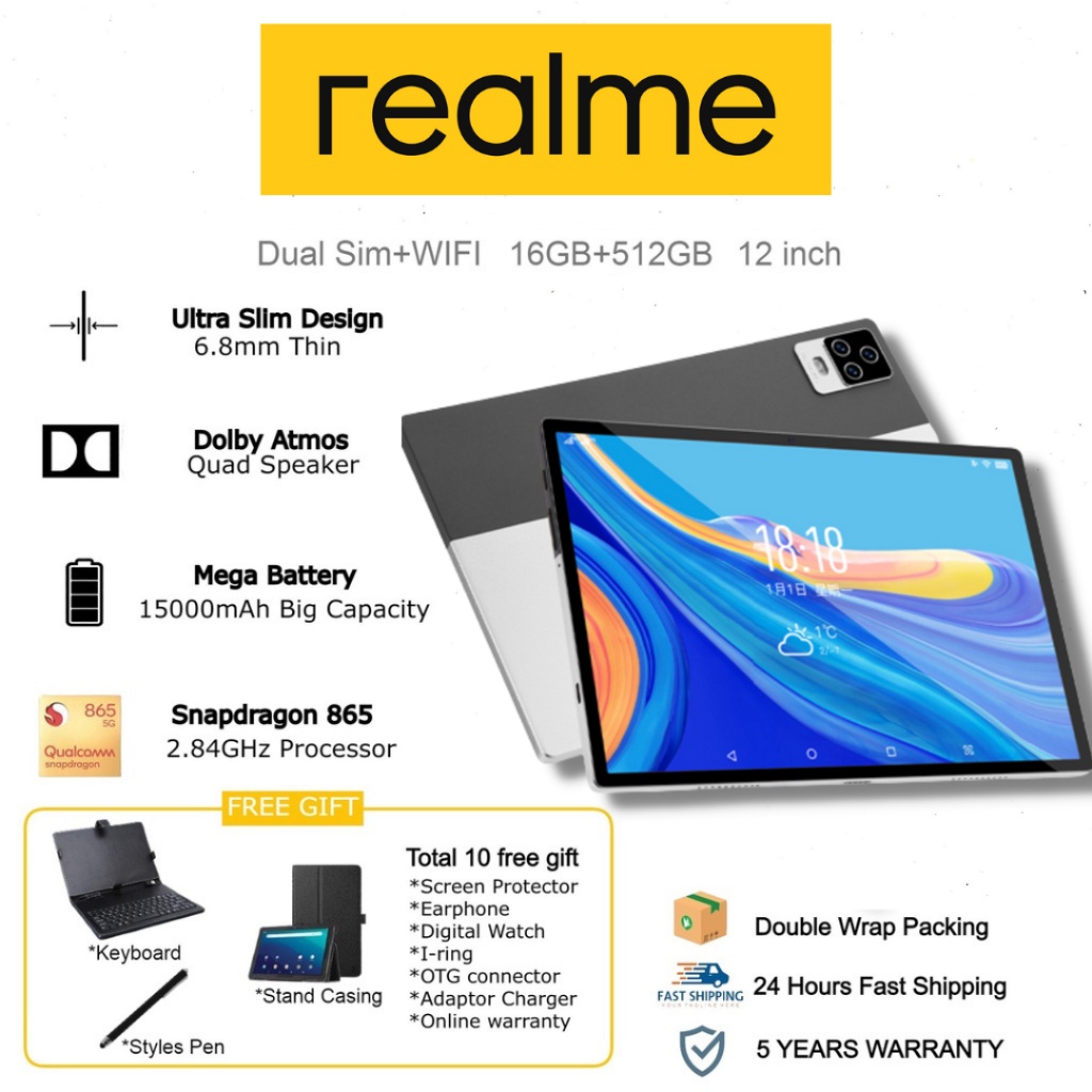 5G Realme Pad Tablet P70 12Inch Android 12.0 [16GB RAM 512GB ROM] Dual SIM 4G LTE WiFi 2.4/5G