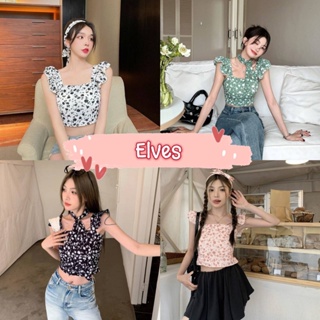 Elves✨พร้อมส่ง✨ เสื้อกล้ามผ้าชีฟอง ลายดอกไม้ขอบระบายแถมสายคาดผมหรือผูกคอ ~11539~ -C