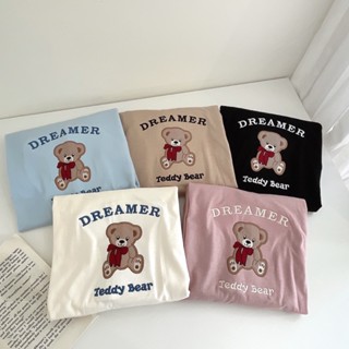 S253 เสื้อยืด oversize ผ้าคอตตอน สไตล์มินิมอล ปัก น้องหมี dreamer