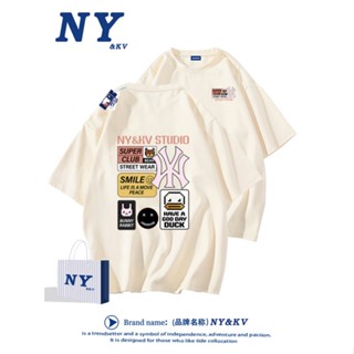 Ny เสื้อยืดลําลอง ผ้าฝ้าย แขนสั้น พิมพ์ลาย สไตล์วินเทจ อเมริกัน แฟชั่นฤดูร้อน สําหรับสตรี