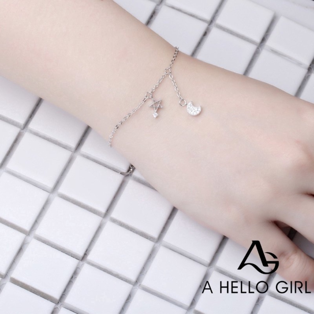 A HELLO GIRL สร้อยข้อมือโซ่ จี้คริสตัล รูปดาว ดวงจันทร์ สีเงิน เครื่องประดับแฟชั่น สําหรับเด็กผู้หญิง
