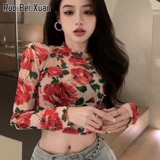 RUO BEI XUAN เสื้อยืดสตรีเกาหลีฤดูร้อนใหม่ย้อนยุคเฉพาะลายดอกไม้เอวบางแขนสั้นเสื้อยืดแขนยาว