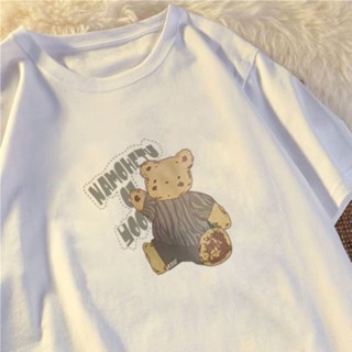 TOP CT【💘💘】Korean cotton short sleeve loose T-shirt Bear printed vintage oversized top for women