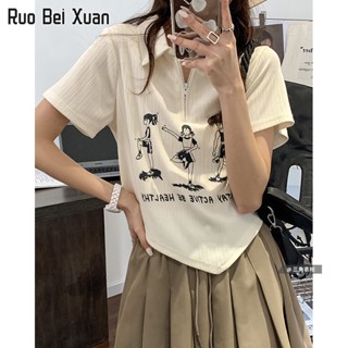 RUO BEI XUAN เสื้อยืดลำลองผ้าฝ้ายพิมพ์ลายสไตล์เกาหลีฤดูร้อนใหม่