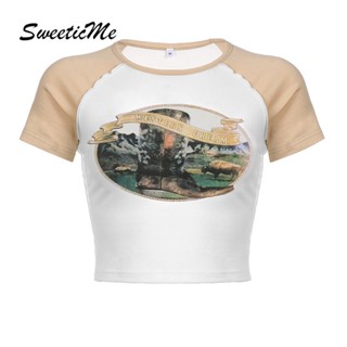 Sweeticme ใหม่ เสื้อยืดลําลอง แขนสั้น คอกลม เข้ารูป สีตัดกัน แฟชั่นสําหรับสตรี 2023