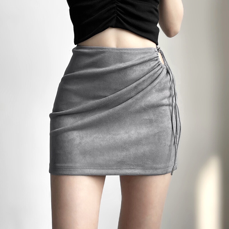 แปลกหีสตรีสีทึบเอวสูงslim Fit Mini A-LineกระโปรงDrawstringยืดสบายๆฤดูร ้ อน