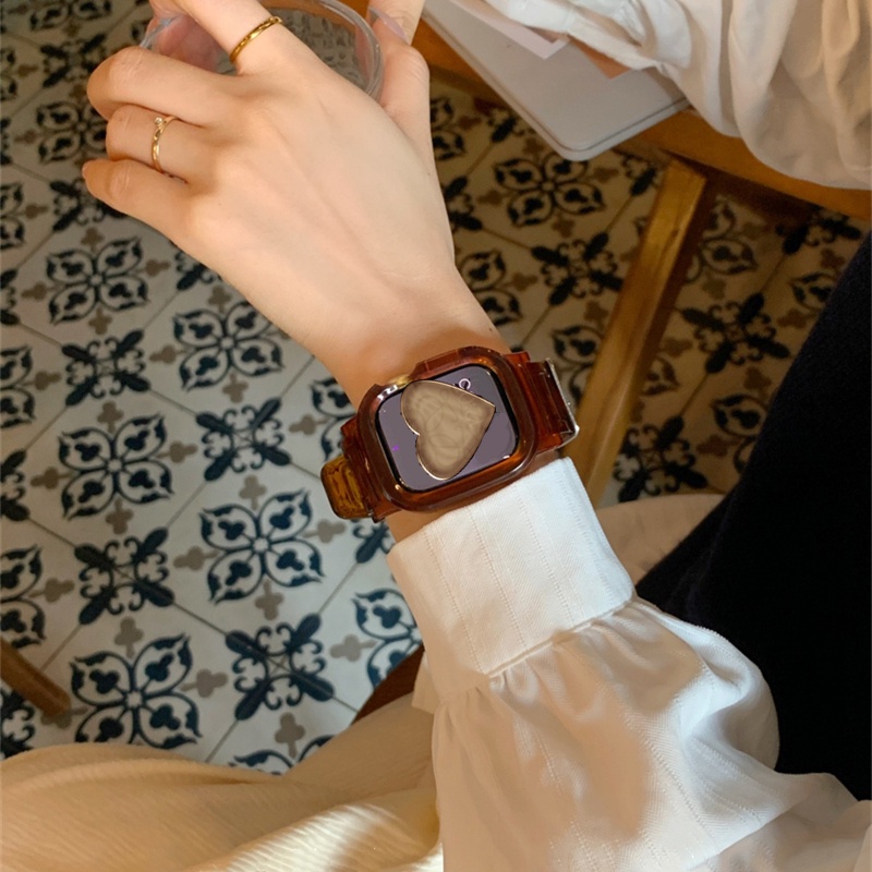 สายนาฬิกาข้อมือ พลาสติกใส สีเหลืองอําพัน สไตล์เรโทร สําหรับ Apple watch 8 7 6 SE 5 4 3 i-watch Strap 41 มม. 40 มม. 38 มม. 44 42 45 มม.