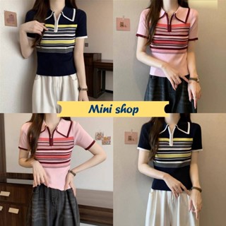 Mini shop🌸พร้อมส่ง🌸 (N002) เสื้อไหมพรมคอปกแขนสั้น ดีเทลลายทางน่ารัก2สี  -C