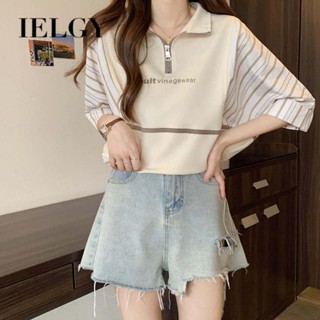 IELGY เสื้อยืดโปโล แขนสั้น มีซิป ทรงหลวม กระชับสัดส่วน สีตัดกัน สําหรับผู้หญิง