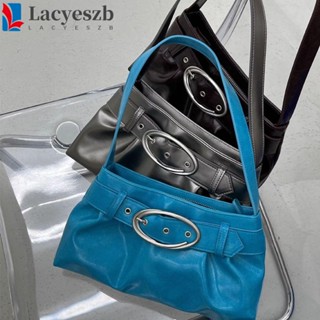 Lacyeszb INS กระเป๋าลําลอง หนัง PU แต่งหัวเข็มขัดโลหะ สีพื้น สไตล์ฝรั่งเศส แฟชั่นเรโทร สําหรับผู้หญิง