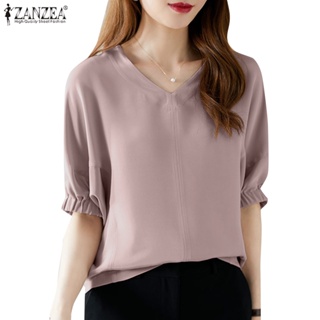 Zanzea เสื้อเบลาส์ คอวี แขนห้าส่วน สีพื้น สไตล์เกาหลี สําหรับผู้หญิง