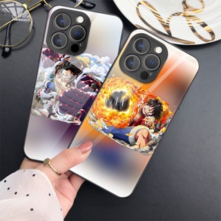 เคสโทรศัพท์มือถือกระจกนิรภัย แบบแข็ง ป้องกันเลนส์ ลายการ์ตูนลูฟี่ One Piece สําหรับ iPhone 14 13 Pro Max 12 Mini 11 X XR Xs 7 8 SE 2020