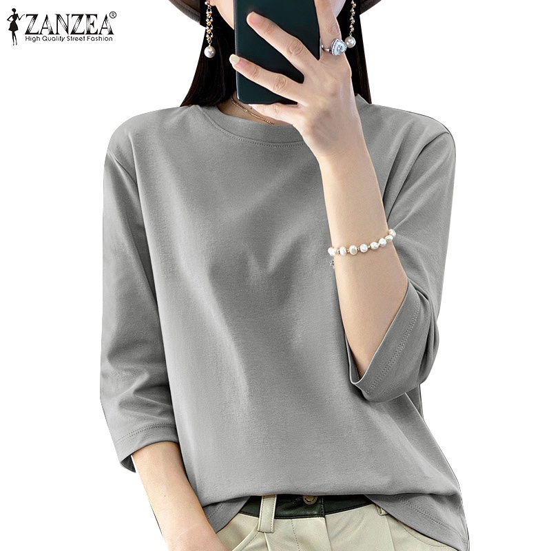 Zanzea เสื้อยืดลําลอง คอกลม แขนสามส่วน ผ้าถัก สไตล์เกาหลี สําหรับผู้หญิง