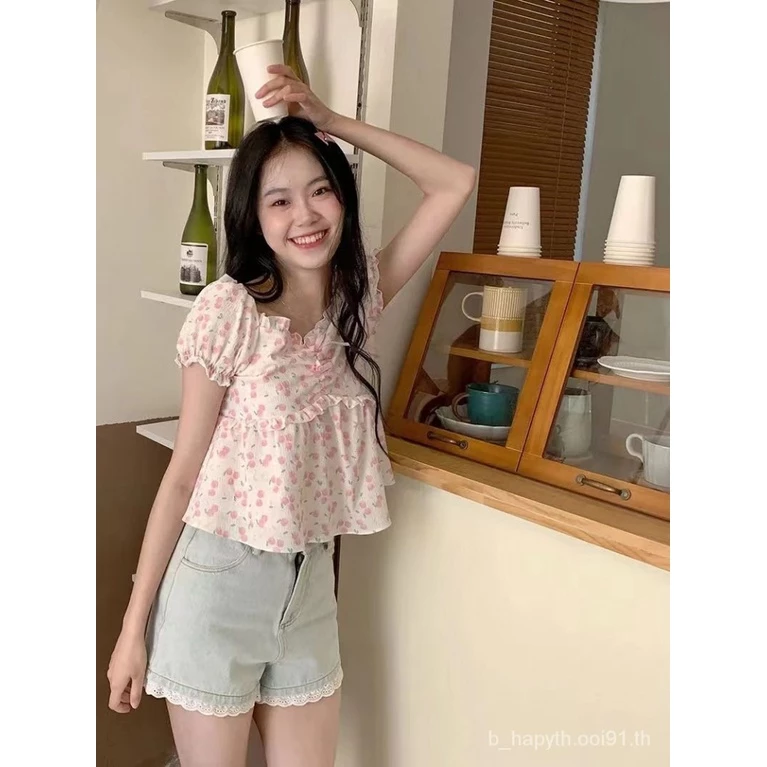 เสื้อแขนพองลายดอกไม้ผูกโบว์เอวสั้น สไตล์ญี่ปุ่น SL9784 thumbnail 8