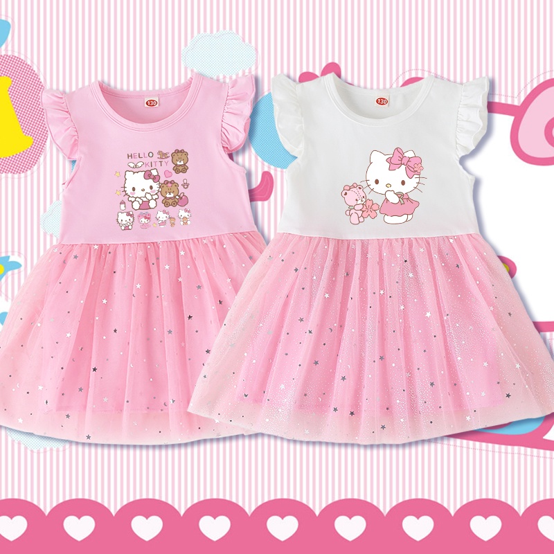 ชุดเดรสกระโปรง แขนสั้น ลายการ์ตูนคิตตี้ แมว สีชมพู สําหรับเด็กผู้หญิง เหมาะกับฤดูร้อน