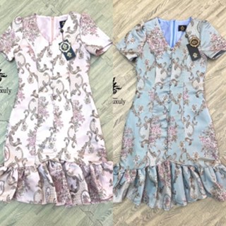 ชุดเดรสผ้าทอลายดอกไม้ มี 2 สี ชุดใส่งานบุญงานแต่ง Queen (S-2XL) #D179