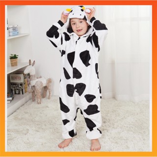 Kigurumi Cow Onesies ชุดนอนจั๊มสูท คอสเพลย์ ลายการ์ตูนสัตว์ สําหรับเด็กผู้ชาย และเด็กผู้หญิง