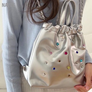 NAVEE~สายโซ่กระเป๋าเป้สะพายหลัง Drawstring ออกแบบกระเป๋าถือผู้หญิงความจุขนาดใหญ่หินสีตกแต่ง