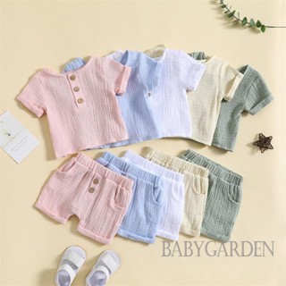 Babygarden-0-3 ปี ชุดเสื้อผ้า แฟชั่นฤดูร้อน สําหรับเด็กผู้ชาย เสื้อยืดแขนสั้น คอกลม แต่งกระดุม สีพื้น และกางเกงขาสั้น เอวยางยืด