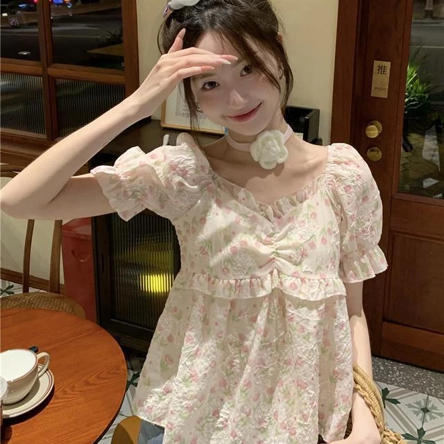 หวานหลวมเสื้อเชิ้ตแขนสั้นลายดอกเวอร์ชั่นเกาหลีน่ารักเสื้อสั้น thumbnail 3