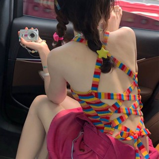 เสื้อสายเดี่ยวเซ็กซี่ ตัวสั้น ลายทาง สีรุ้ง สําหรับผู้หญิง