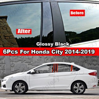 สติกเกอร์คาร์บอนไฟเบอร์ สีดํามันวาว สําหรับติดเสาประตูหน้าต่างรถยนต์ Honda City 2014-2019 6 ชิ้น