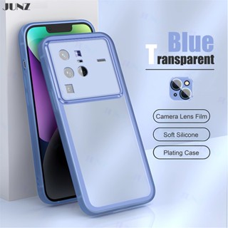 เคสโทรศัพท์มือถือแบบนิ่ม ใส กันรอยเลนส์กล้อง หรูหรา สีฟ้า สําหรับ Vivo Y36 IQOO Z7 Z7X V27 V27e X90 11 Y02 V25 X80 V23 X70 Pro 4G 5G J003-1