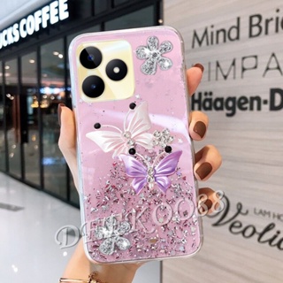 เคสโทรศัพท์มือถือ TPU แบบนิ่ม ลายผีเสื้อ ประดับกลิตเตอร์ พร้อมสายคล้องมือ สีม่วง สําหรับ Realme C53 C55 NFC 10T 10 Pro+ Pro 5G Coca-Cola Edition 4G Plus