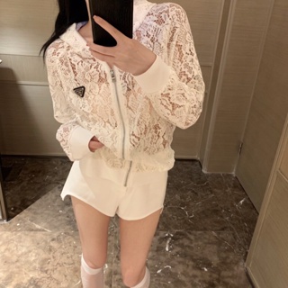 JHPF PR * A 23 spring and summer new letter embroidery triangle water soluble lace hooded sunscreen coat zipper womens fashion