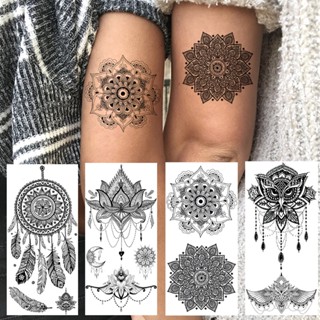 Dreamcatcher ขนนกฮูกสักชั่วคราว สําหรับผู้หญิง เซ็กซี่ นกฮูก เครื่องประดับ Henna Tattoo Mehndi ดอกไม้ สีดํา เหมือนจริง รอยสักปลอม ศิลปะแขน