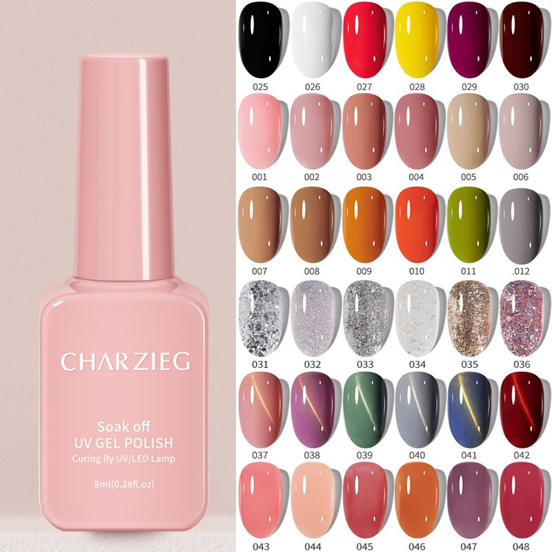 2023 CHARZIEG 48สี สีเจล เจลทาเล็บ สีเจลทาเล็บ Nail gel polish สีสวย UV/LEDสีเจล สีทาเล็บเจล แแบบต้องอบ 8ml